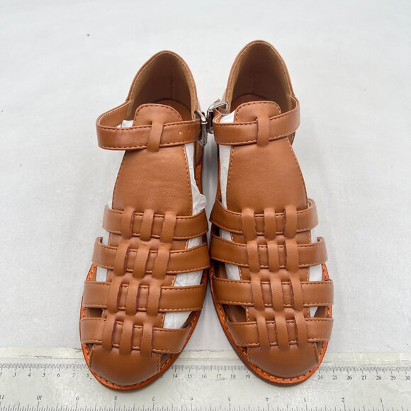 FSJ Camel Closed Toe Low Block Heel Woven Roman Ankle Strap Hollow Caged Sandals - Picture 3 of 8